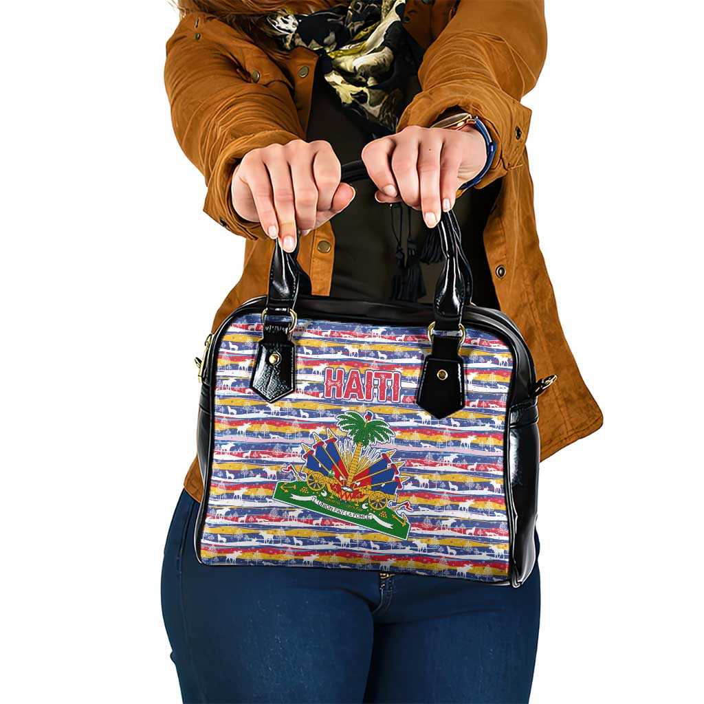 Haiti Christmas Shoulder Handbag with Blue Red Yellow Xmas Santa Sleigh and Coat of Arms - Wonder Print Shop