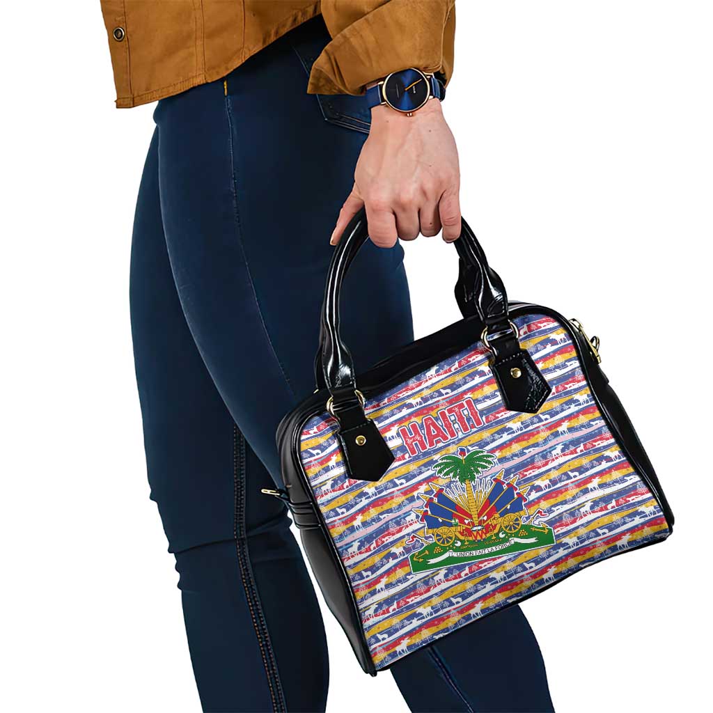 Haiti Christmas Shoulder Handbag with Blue Red Yellow Xmas Santa Sleigh and Coat of Arms - Wonder Print Shop