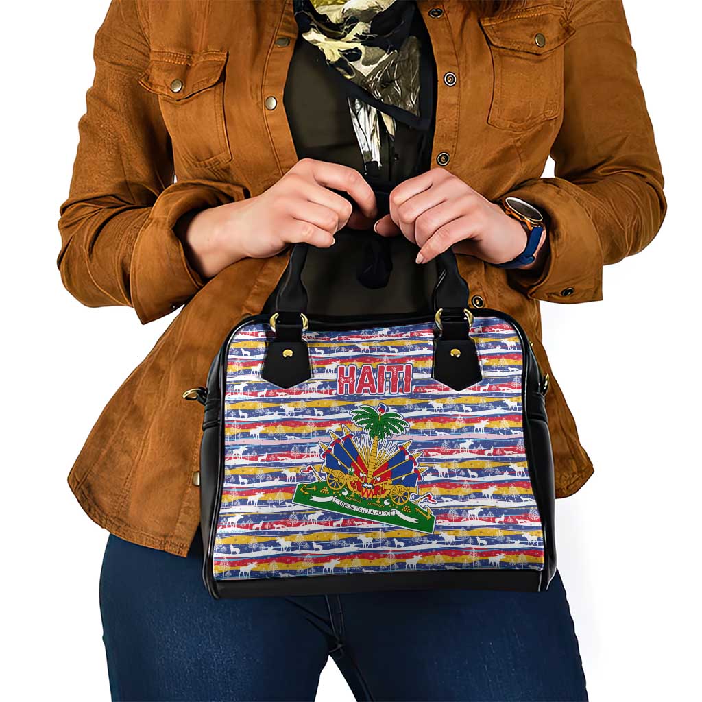 Haiti Christmas Shoulder Handbag with Blue Red Yellow Xmas Santa Sleigh and Coat of Arms - Wonder Print Shop