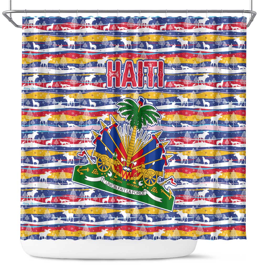 Haiti Christmas Shower Curtain with Blue Red Yellow Xmas Santa Sleigh and Coat of Arms - Wonder Print Shop