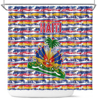 Haiti Christmas Shower Curtain with Blue Red Yellow Xmas Santa Sleigh and Coat of Arms - Wonder Print Shop