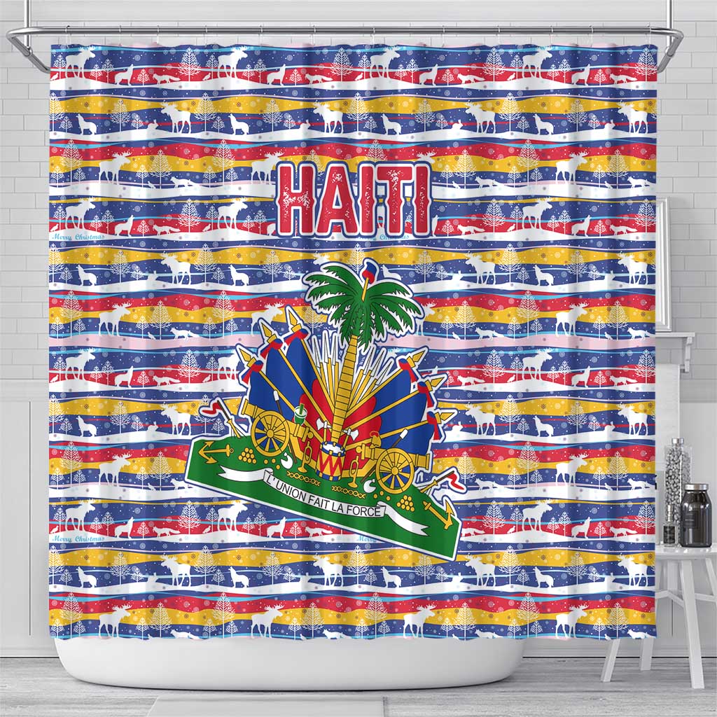 Haiti Christmas Shower Curtain with Blue Red Yellow Xmas Santa Sleigh and Coat of Arms - Wonder Print Shop