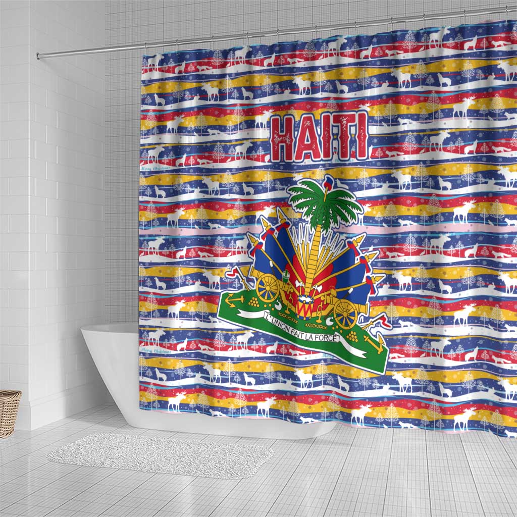 Haiti Christmas Shower Curtain with Blue Red Yellow Xmas Santa Sleigh and Coat of Arms - Wonder Print Shop