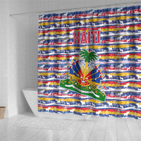 Haiti Christmas Shower Curtain with Blue Red Yellow Xmas Santa Sleigh and Coat of Arms - Wonder Print Shop