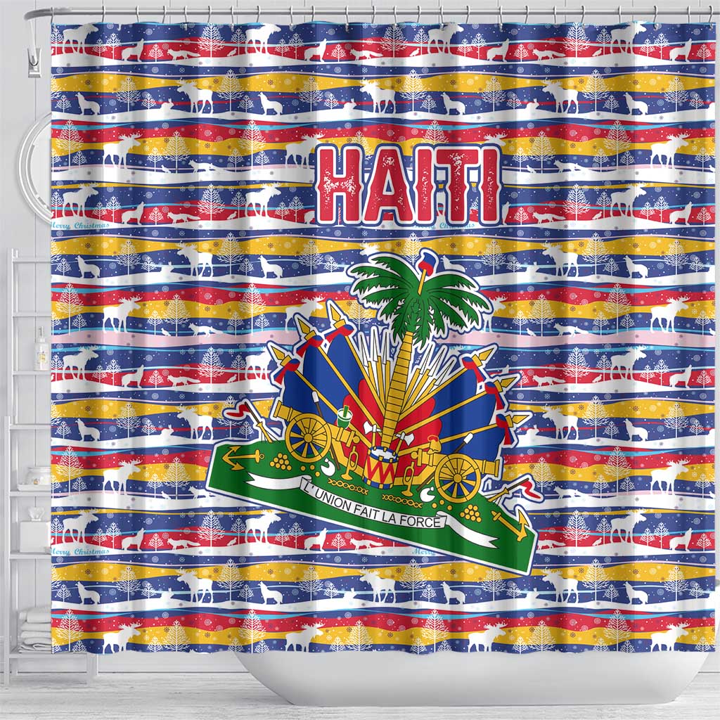 Haiti Christmas Shower Curtain with Blue Red Yellow Xmas Santa Sleigh and Coat of Arms - Wonder Print Shop