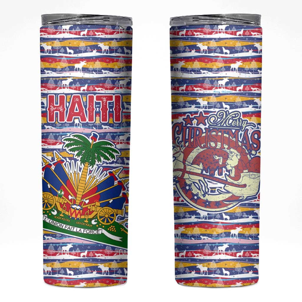 Haiti Christmas Skinny Tumbler with Blue Red Yellow Xmas Santa Sleigh and Coat of Arms - Wonder Print Shop