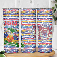 Haiti Christmas Skinny Tumbler with Blue Red Yellow Xmas Santa Sleigh and Coat of Arms - Wonder Print Shop
