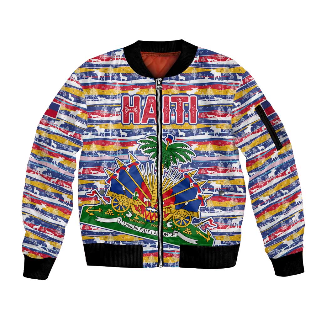 Haiti Christmas Sleeve Zip Bomber Jacket with Blue Red Yellow Xmas Santa Sleigh and Coat of Arms - Wonder Print Shop