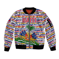 Haiti Christmas Sleeve Zip Bomber Jacket with Blue Red Yellow Xmas Santa Sleigh and Coat of Arms - Wonder Print Shop