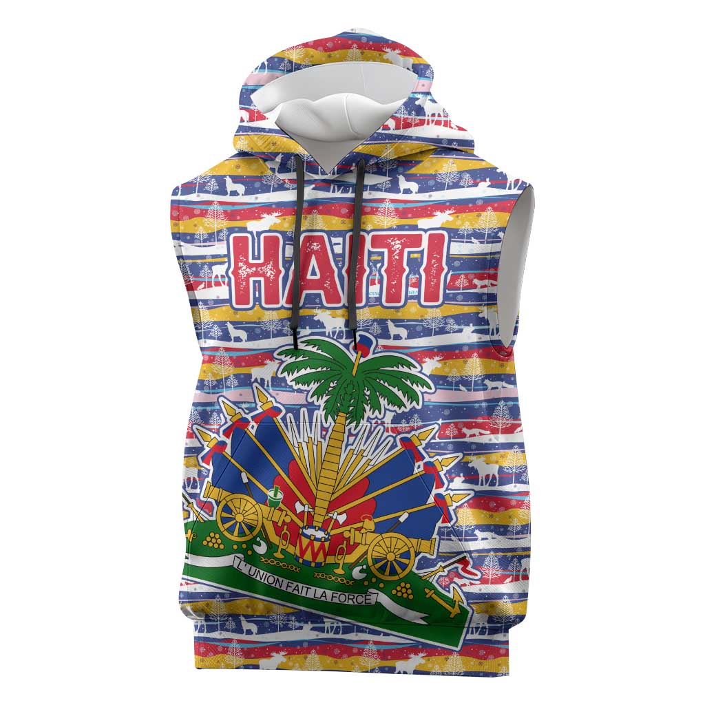 Haiti Christmas Sleeveless Hoodie with Blue Red Yellow Xmas Santa Sleigh and Coat of Arms - Wonder Print Shop