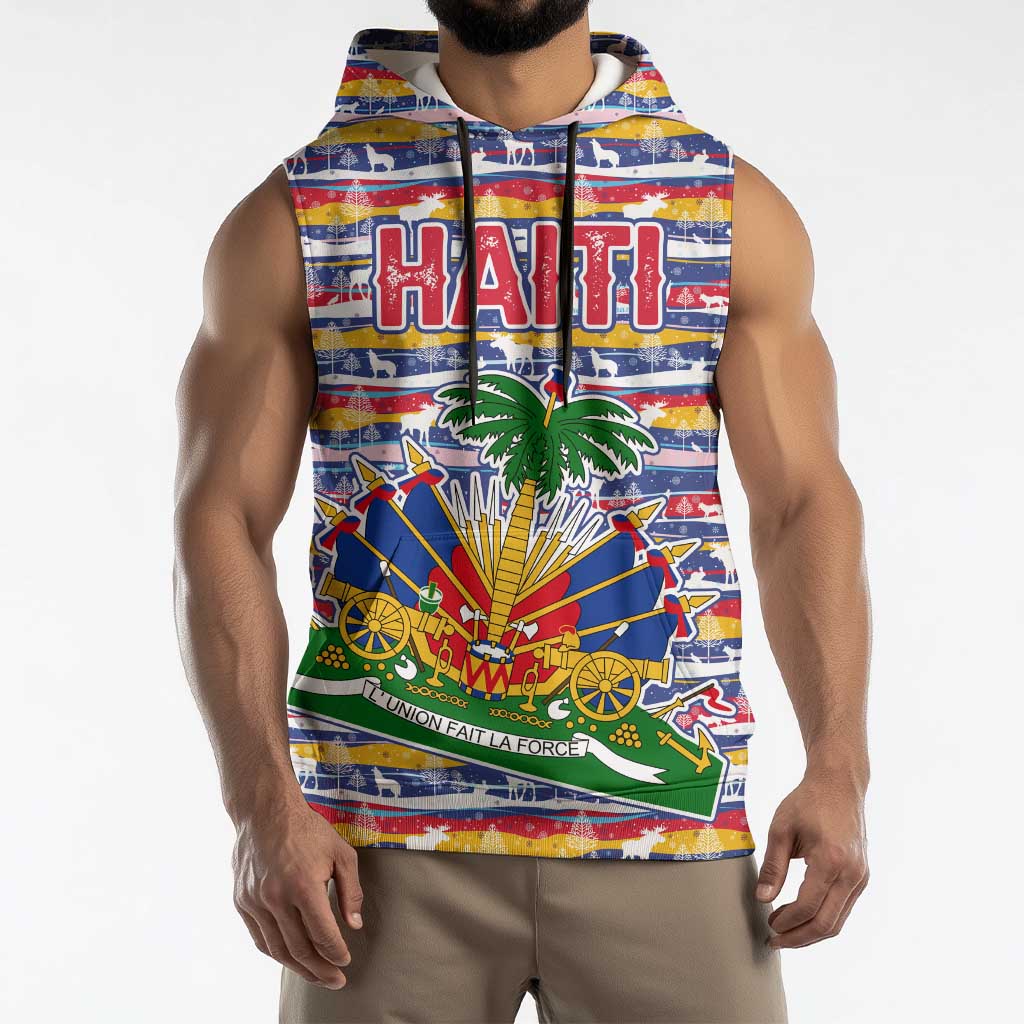 Haiti Christmas Sleeveless Hoodie with Blue Red Yellow Xmas Santa Sleigh and Coat of Arms - Wonder Print Shop