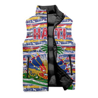 Haiti Christmas Sleeveless Puffer Jacket with Blue Red Yellow Xmas Santa Sleigh and Coat of Arms - Wonder Print Shop