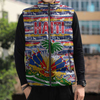 Haiti Christmas Sleeveless Puffer Jacket with Blue Red Yellow Xmas Santa Sleigh and Coat of Arms - Wonder Print Shop