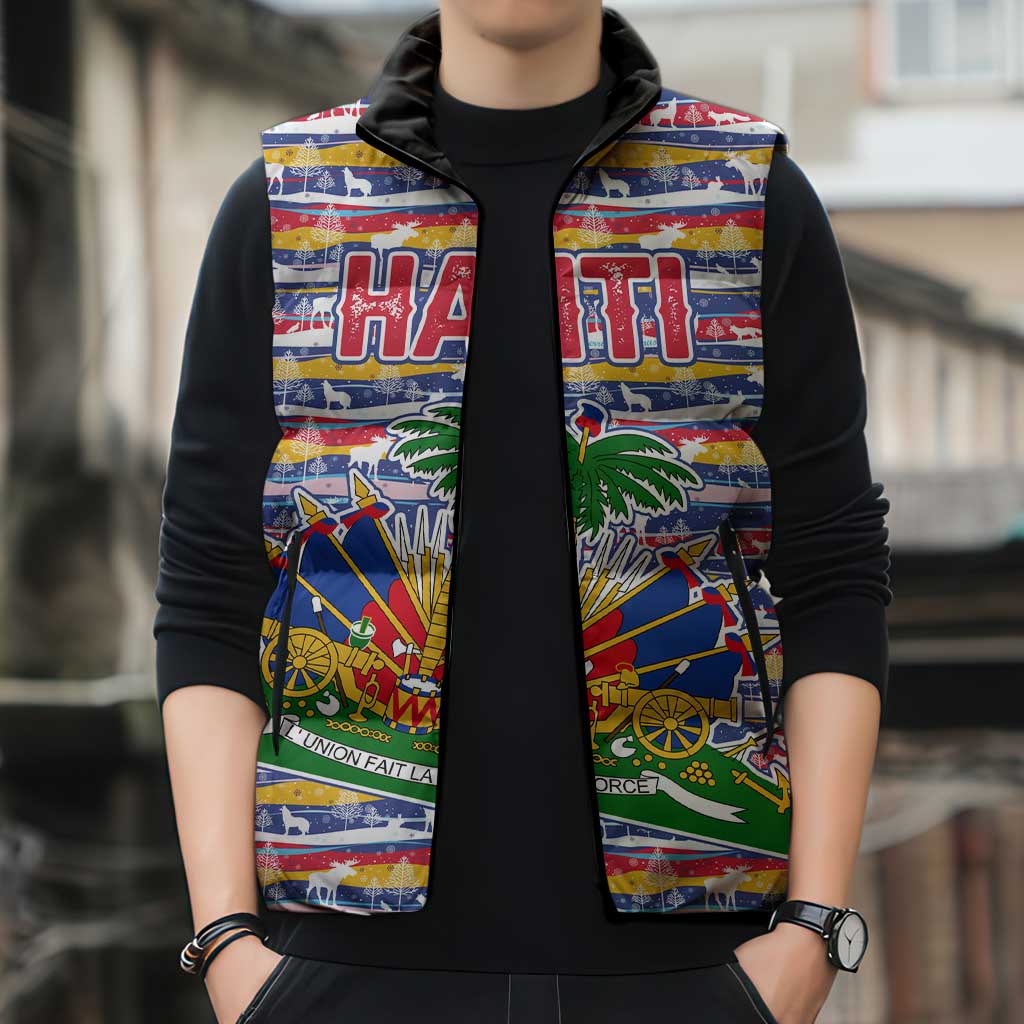 Haiti Christmas Sleeveless Puffer Jacket with Blue Red Yellow Xmas Santa Sleigh and Coat of Arms - Wonder Print Shop