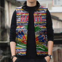 Haiti Christmas Sleeveless Puffer Jacket with Blue Red Yellow Xmas Santa Sleigh and Coat of Arms - Wonder Print Shop