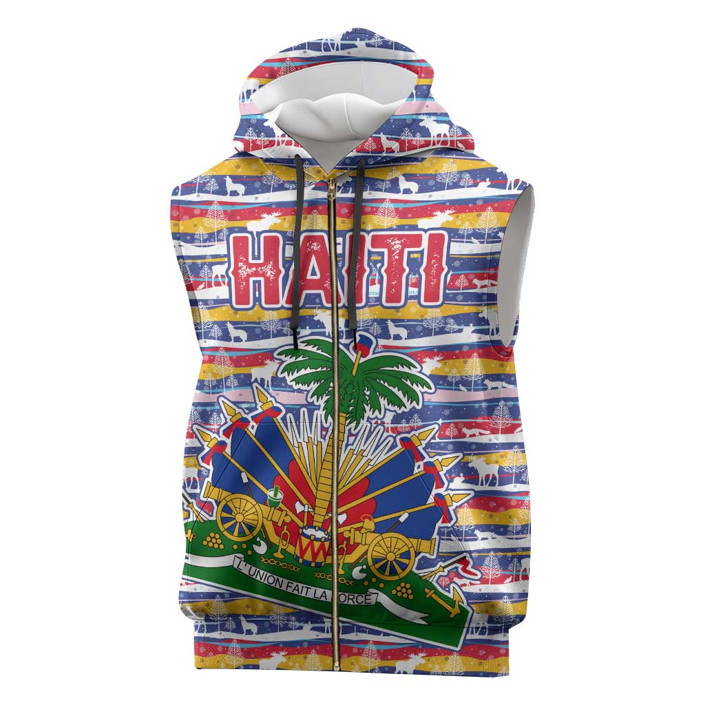 Haiti Christmas Sleeveless Zip Hoodie with Blue Red Yellow Xmas Santa Sleigh and Coat of Arms - Wonder Print Shop