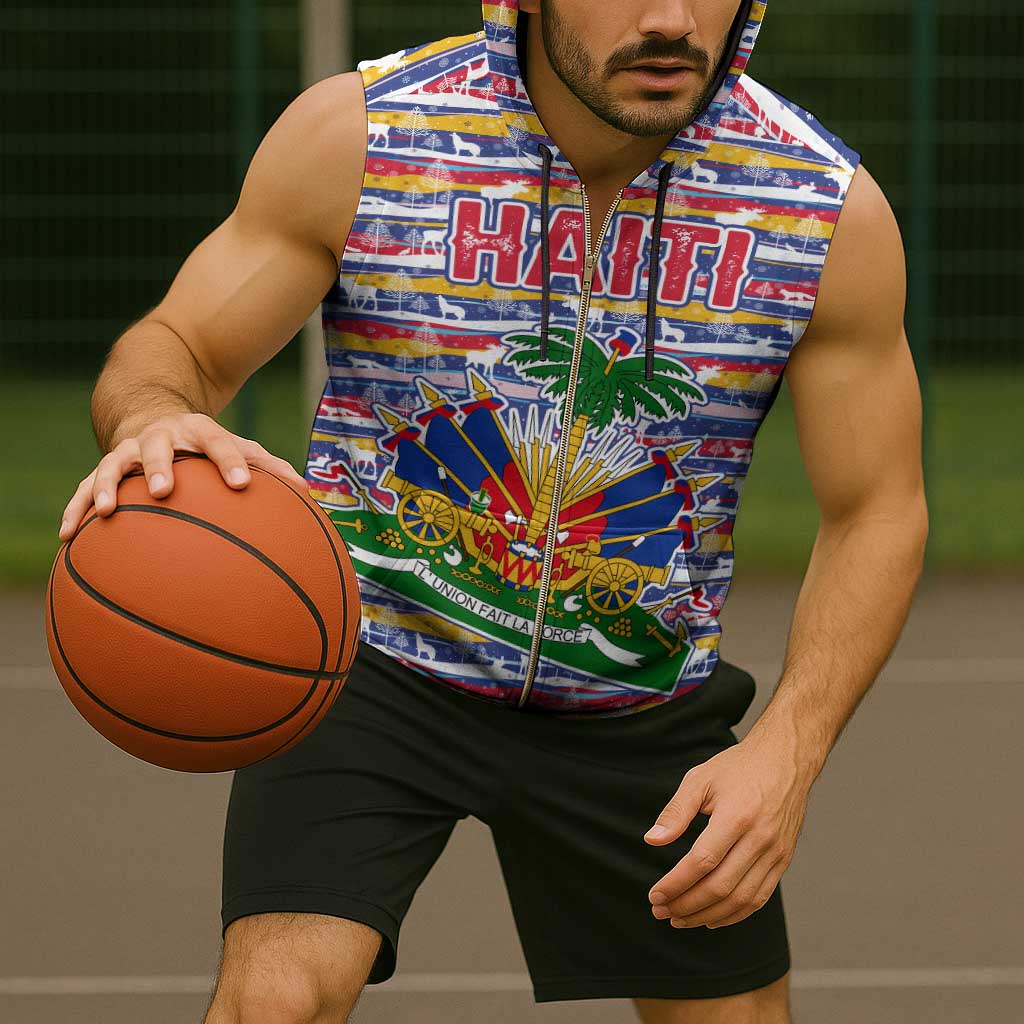 Haiti Christmas Sleeveless Zip Hoodie with Blue Red Yellow Xmas Santa Sleigh and Coat of Arms - Wonder Print Shop