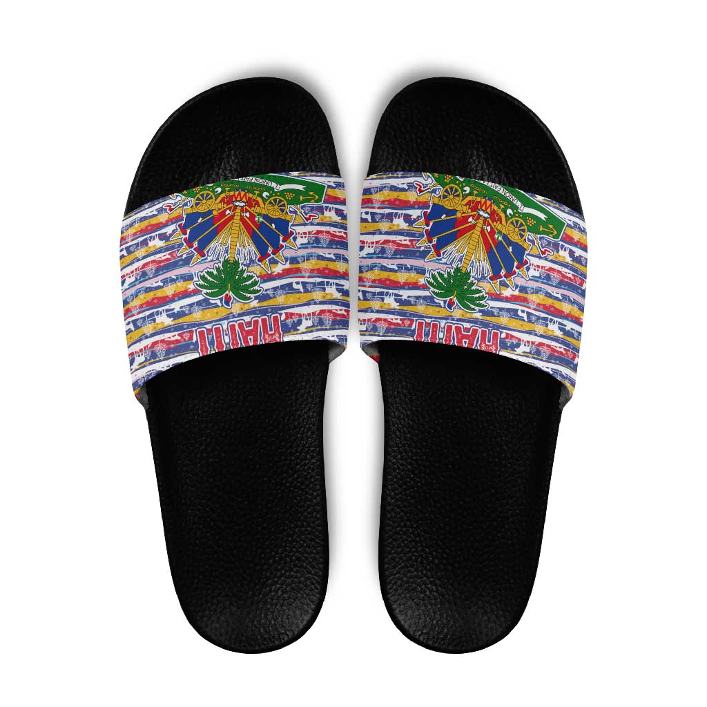 Haiti Christmas Slide Sandals with Blue Red Yellow Xmas Santa Sleigh and Coat of Arms - Wonder Print Shop