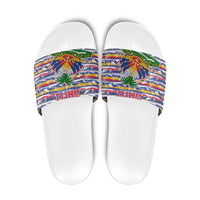 Haiti Christmas Slide Sandals with Blue Red Yellow Xmas Santa Sleigh and Coat of Arms - Wonder Print Shop