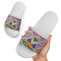 Haiti Christmas Slide Sandals with Blue Red Yellow Xmas Santa Sleigh and Coat of Arms - Wonder Print Shop