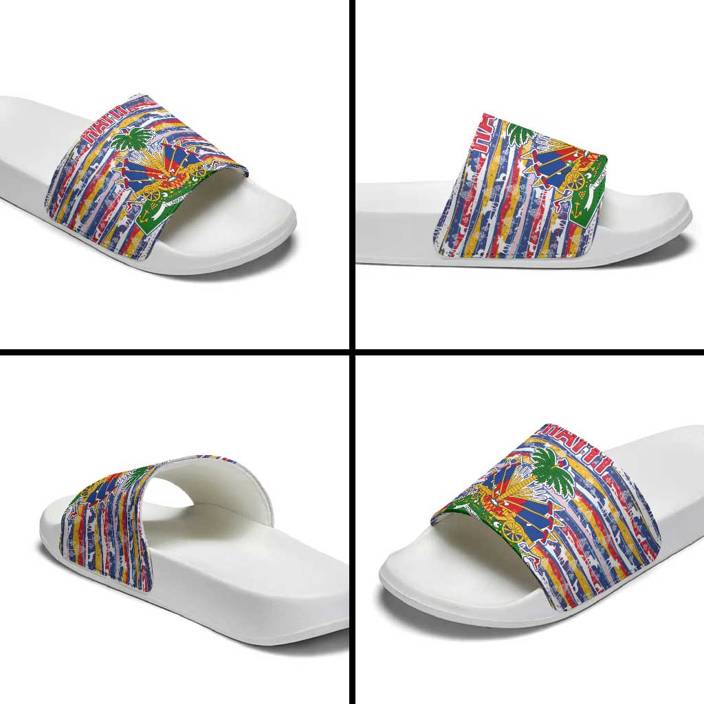 Haiti Christmas Slide Sandals with Blue Red Yellow Xmas Santa Sleigh and Coat of Arms - Wonder Print Shop