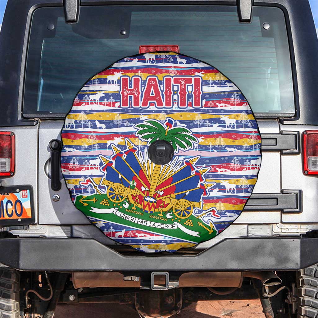 Haiti Christmas Spare Tire Cover with Blue Red Yellow Xmas Santa Sleigh and Coat of Arms - Wonder Print Shop