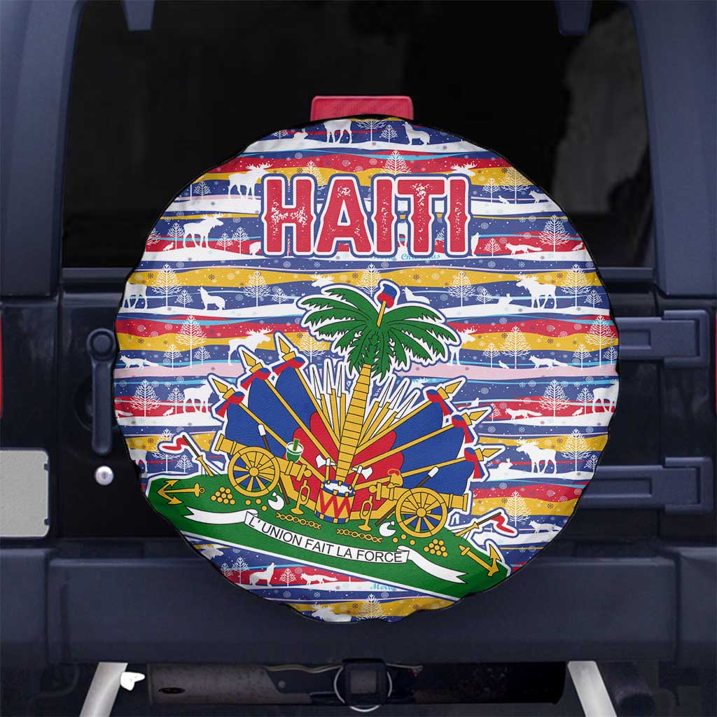 Haiti Christmas Spare Tire Cover with Blue Red Yellow Xmas Santa Sleigh and Coat of Arms - Wonder Print Shop