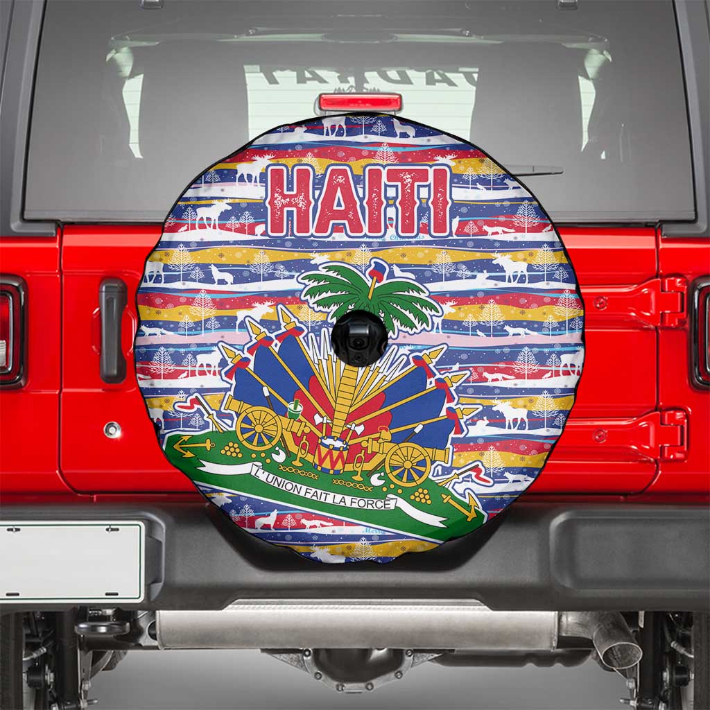 Haiti Christmas Spare Tire Cover with Blue Red Yellow Xmas Santa Sleigh and Coat of Arms - Wonder Print Shop