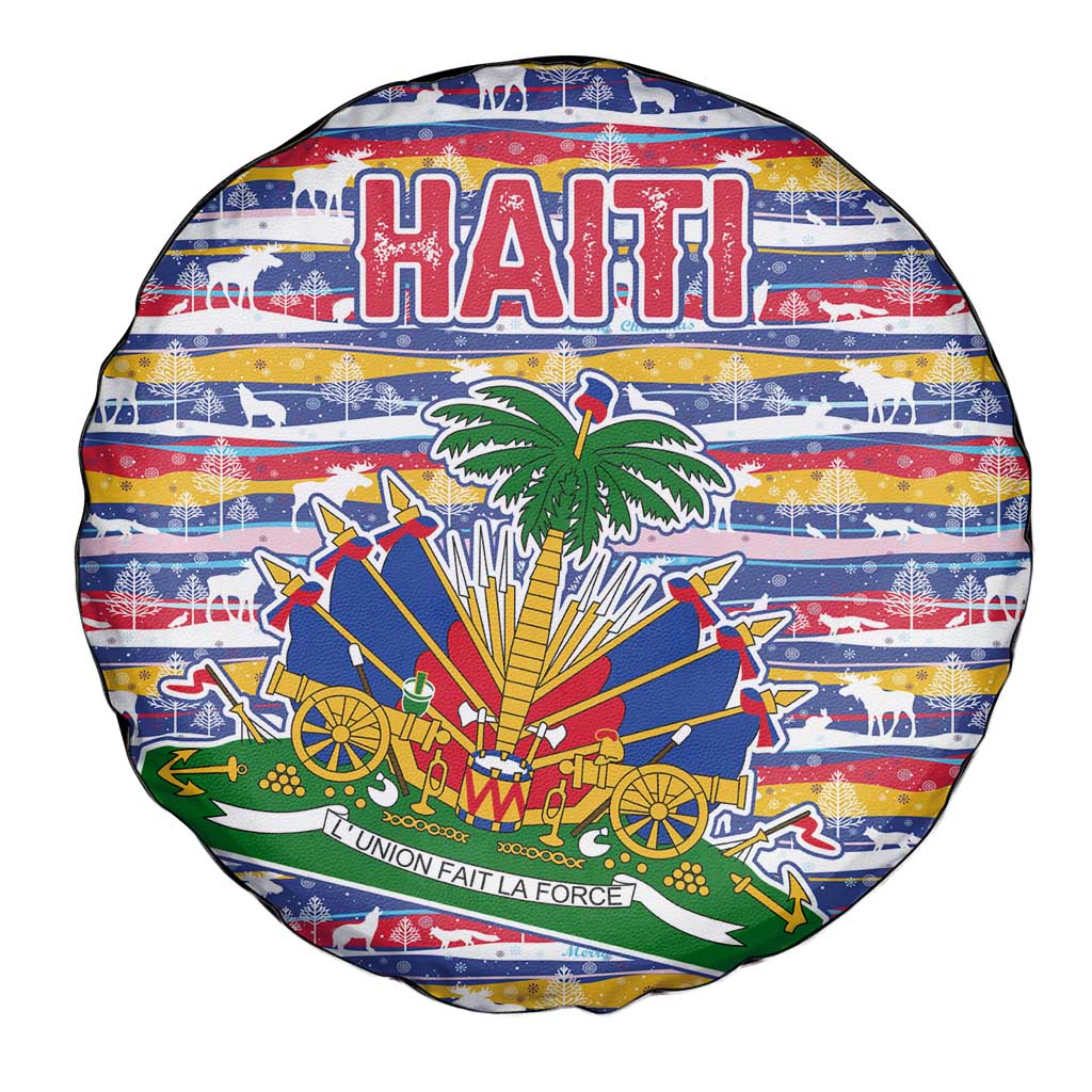 Haiti Christmas Spare Tire Cover with Blue Red Yellow Xmas Santa Sleigh and Coat of Arms - Wonder Print Shop