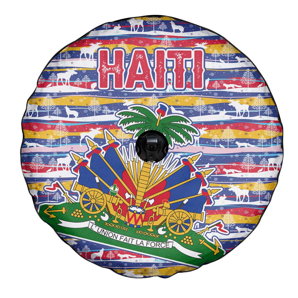 Haiti Christmas Spare Tire Cover with Blue Red Yellow Xmas Santa Sleigh and Coat of Arms - Wonder Print Shop