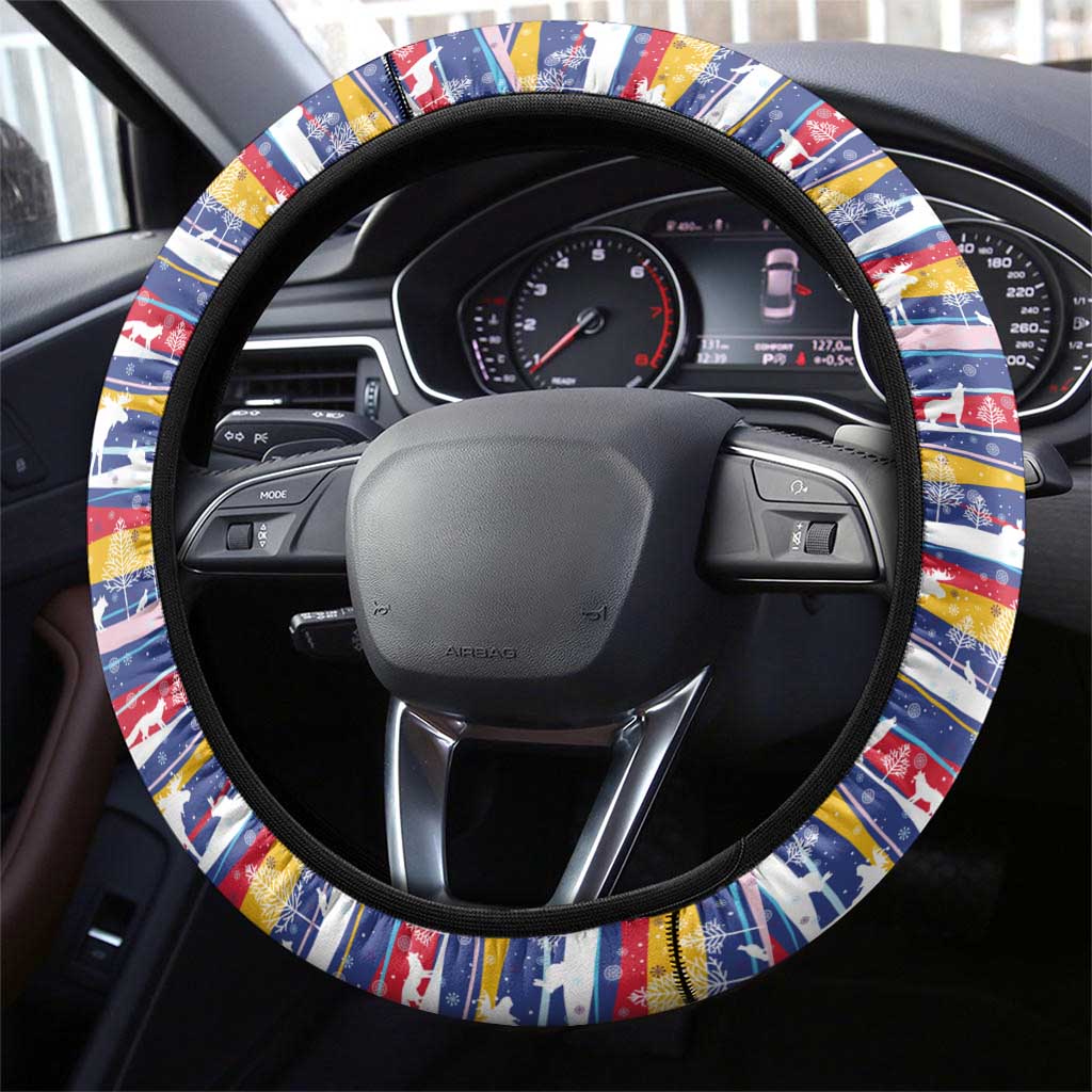 Haiti Christmas Steering Wheel Cover with Blue Red Yellow Xmas Santa Sleigh and Coat of Arms - Wonder Print Shop