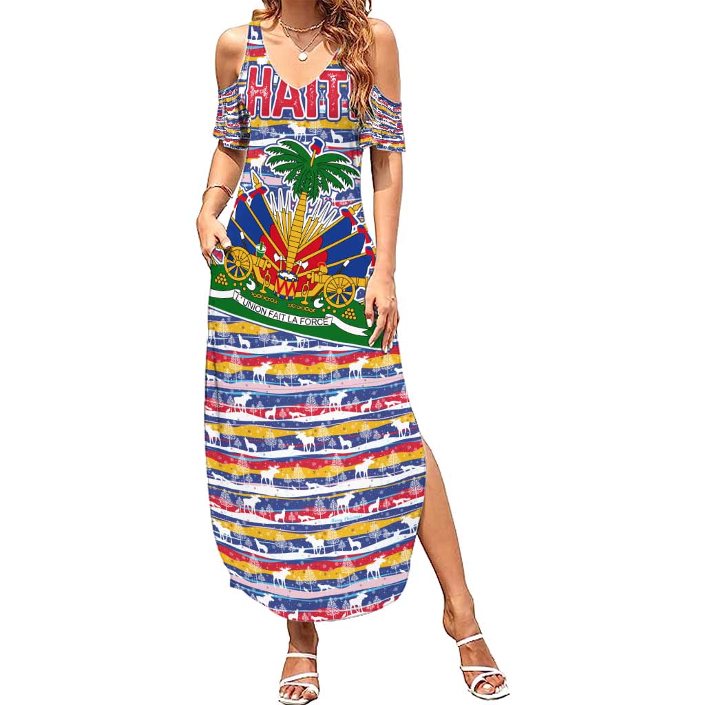 Haiti Christmas Summer Maxi Dress with Blue Red Yellow Xmas Santa Sleigh and Coat of Arms - Wonder Print Shop