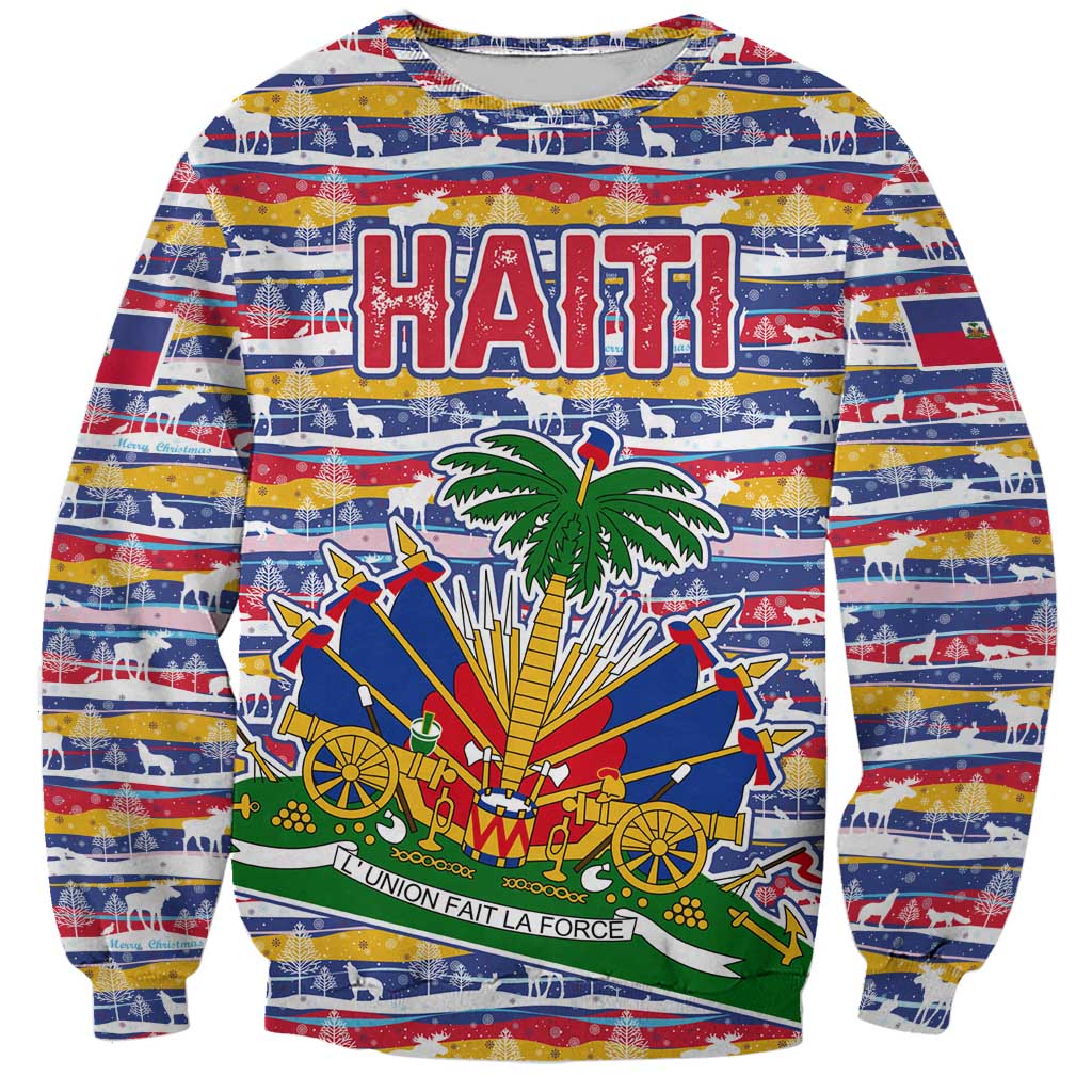 Haiti Christmas Sweatshirt with Blue Red Yellow Xmas Santa Sleigh and Coat of Arms - Wonder Print Shop