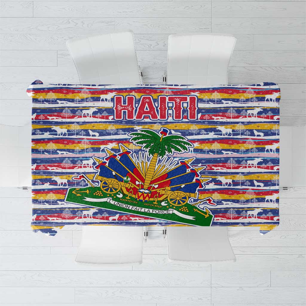 Haiti Christmas Tablecloth with Blue Red Yellow Xmas Santa Sleigh and Coat of Arms - Wonder Print Shop