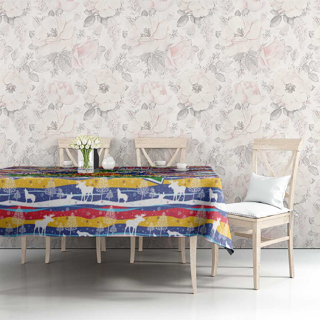 Haiti Christmas Tablecloth with Blue Red Yellow Xmas Santa Sleigh and Coat of Arms - Wonder Print Shop