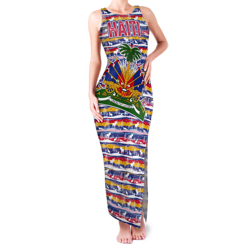 Haiti Christmas Tank Maxi Dress with Blue Red Yellow Xmas Santa Sleigh and Coat of Arms - Wonder Print Shop