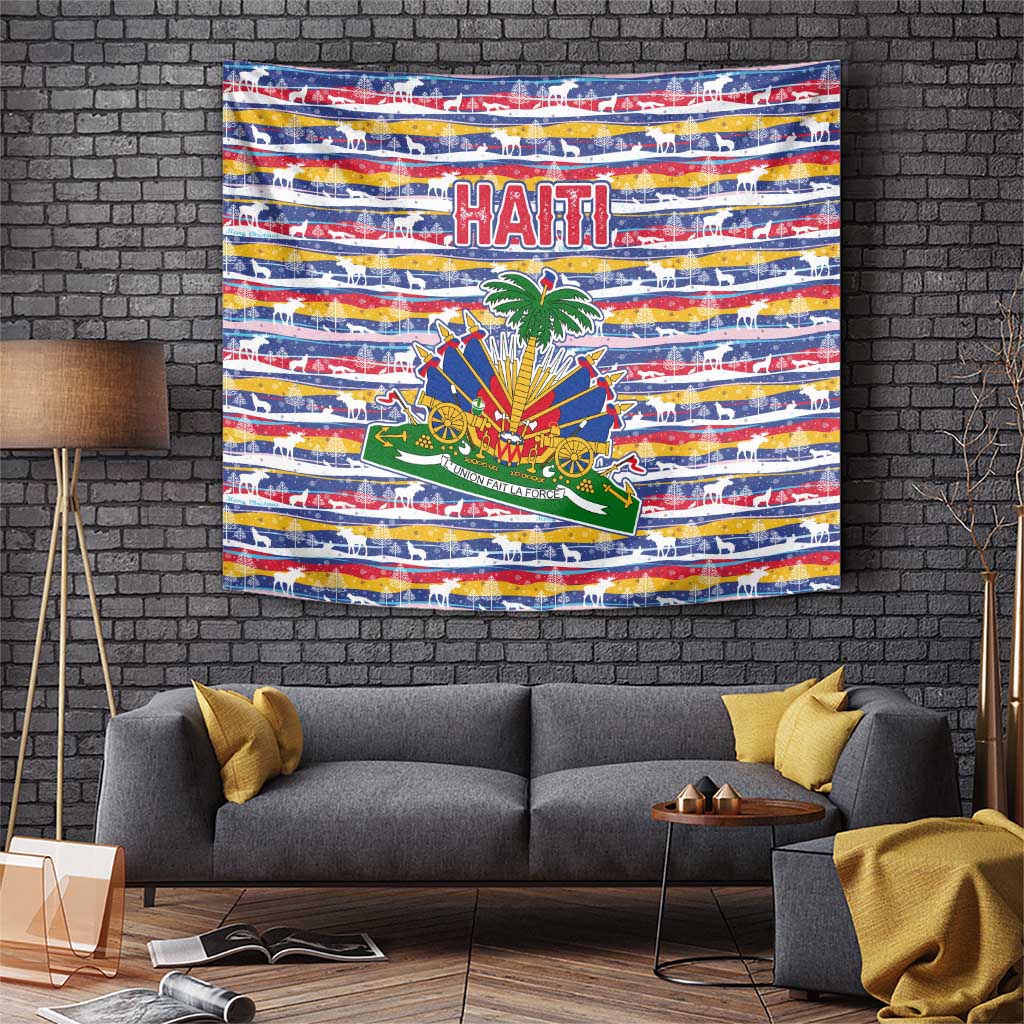 Haiti Christmas Tapestry with Blue Red Yellow Xmas Santa Sleigh and Coat of Arms - Wonder Print Shop