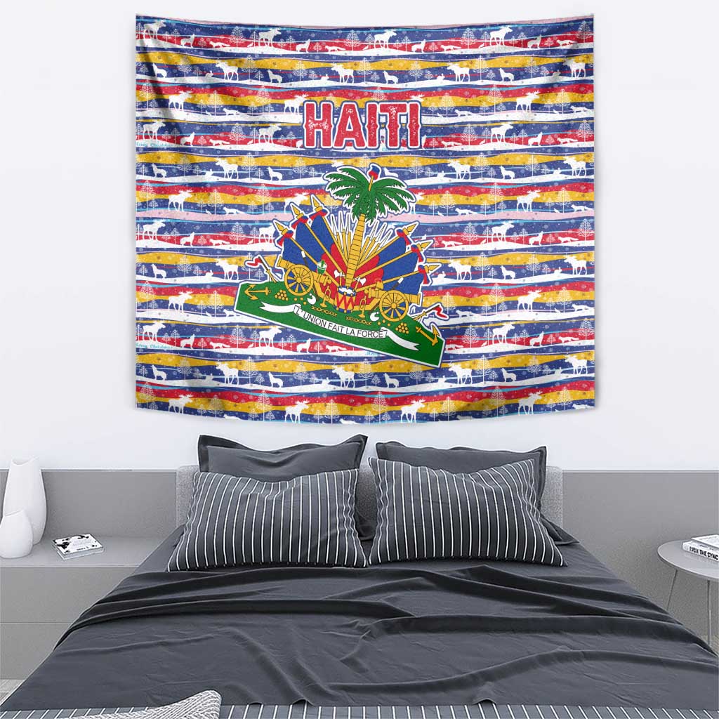 Haiti Christmas Tapestry with Blue Red Yellow Xmas Santa Sleigh and Coat of Arms - Wonder Print Shop