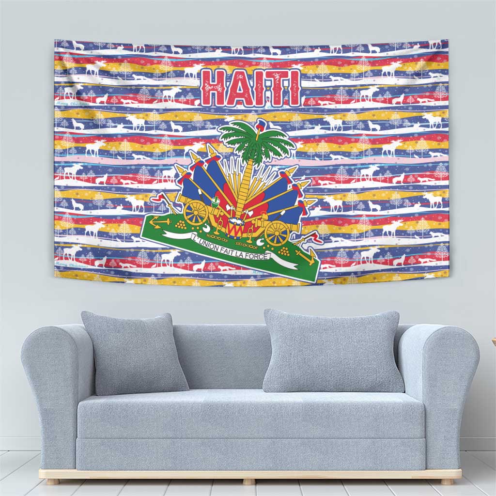 Haiti Christmas Tapestry with Blue Red Yellow Xmas Santa Sleigh and Coat of Arms - Wonder Print Shop