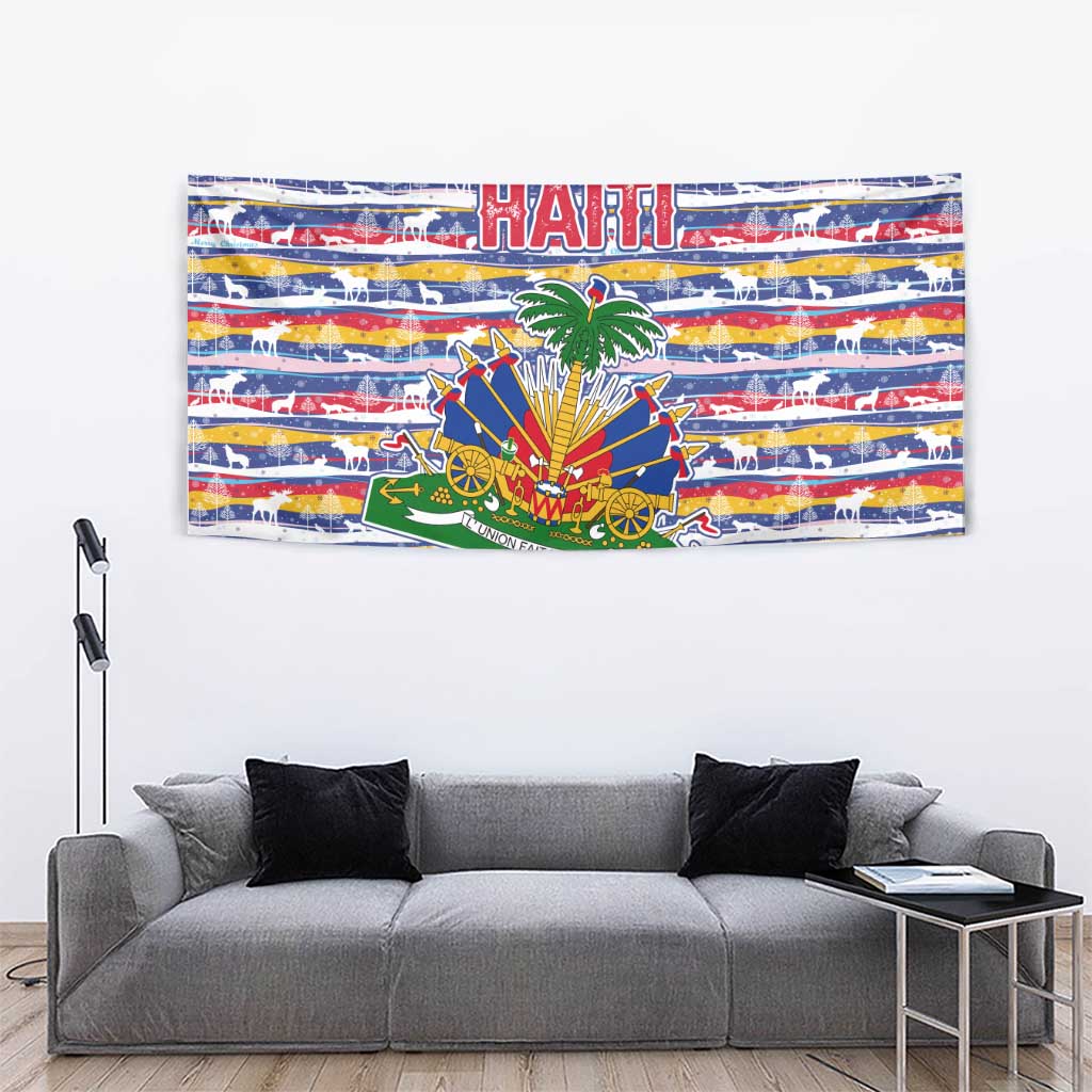 Haiti Christmas Tapestry with Blue Red Yellow Xmas Santa Sleigh and Coat of Arms - Wonder Print Shop