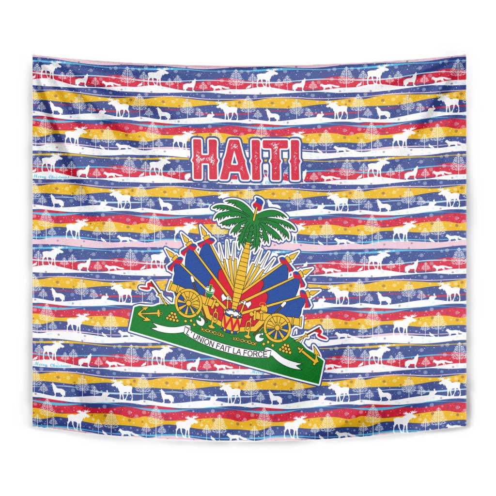 Haiti Christmas Tapestry with Blue Red Yellow Xmas Santa Sleigh and Coat of Arms - Wonder Print Shop