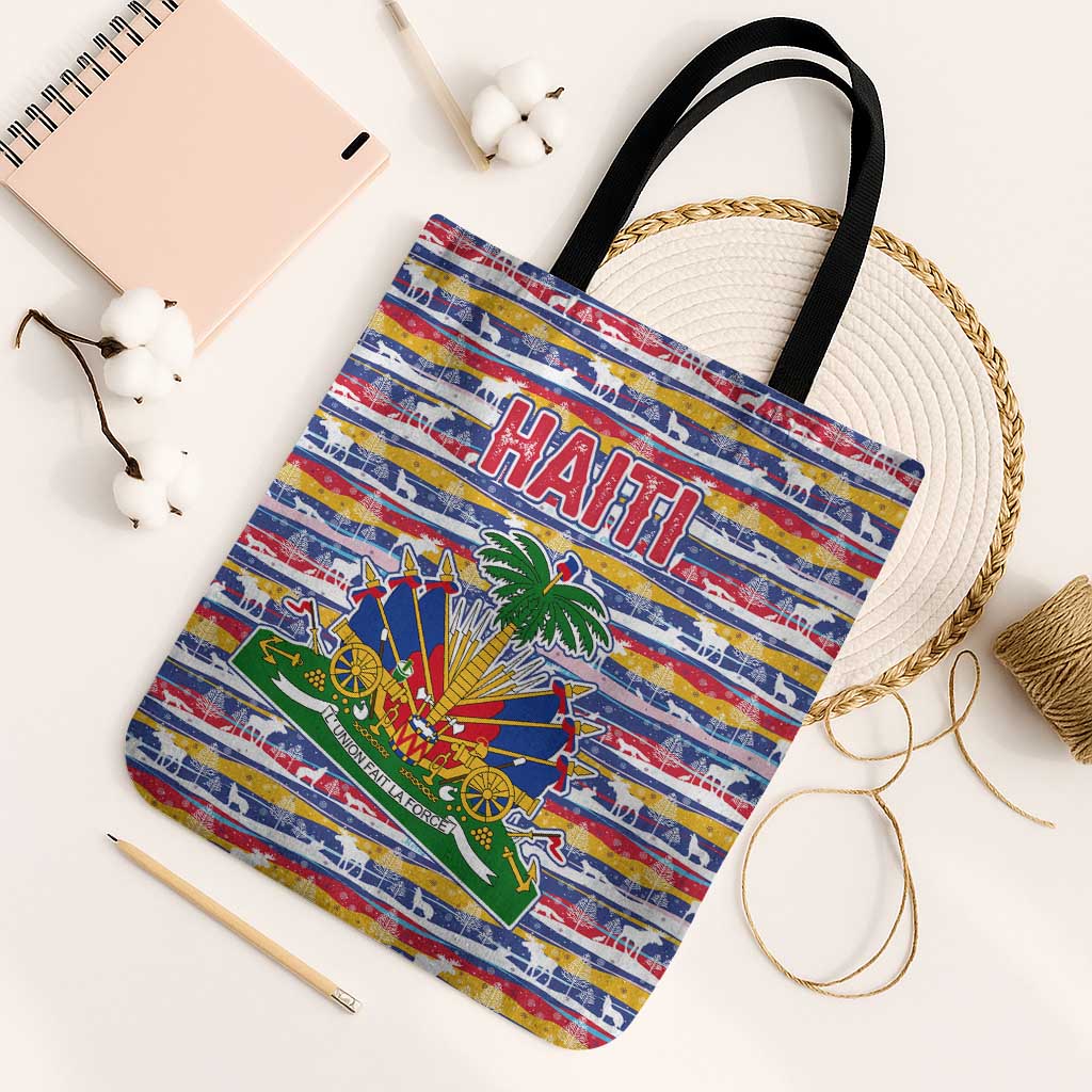 Haiti Christmas Tote Bag with Blue Red Yellow Xmas Santa Sleigh and Coat of Arms - Wonder Print Shop