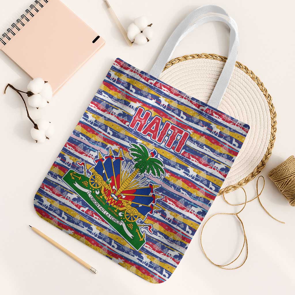 Haiti Christmas Tote Bag with Blue Red Yellow Xmas Santa Sleigh and Coat of Arms - Wonder Print Shop