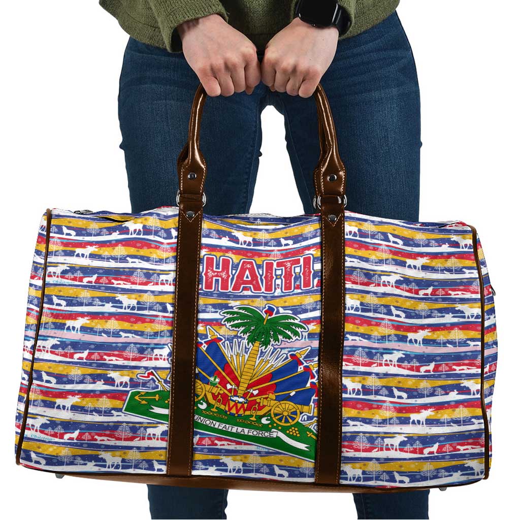 Haiti Christmas Travel Bag with Blue Red Yellow Xmas Santa Sleigh and Coat of Arms - Wonder Print Shop