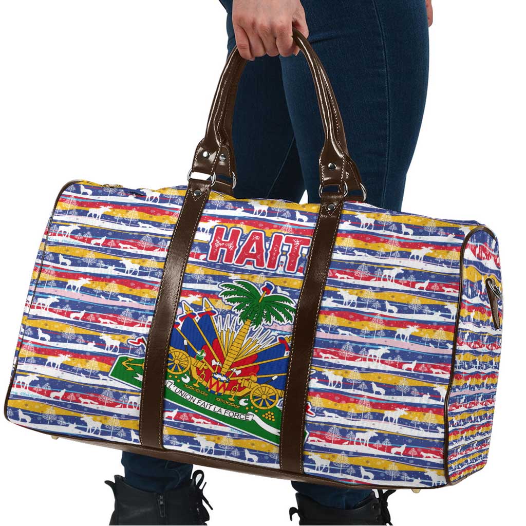 Haiti Christmas Travel Bag with Blue Red Yellow Xmas Santa Sleigh and Coat of Arms - Wonder Print Shop