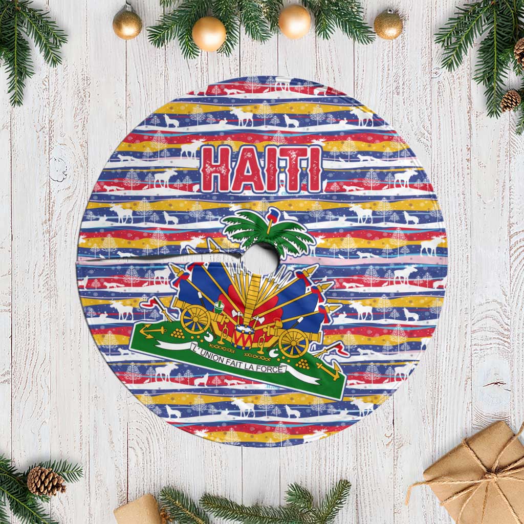 Haiti Christmas Tree Skirt with Blue Red Yellow Xmas Santa Sleigh and Coat of Arms - Wonder Print Shop