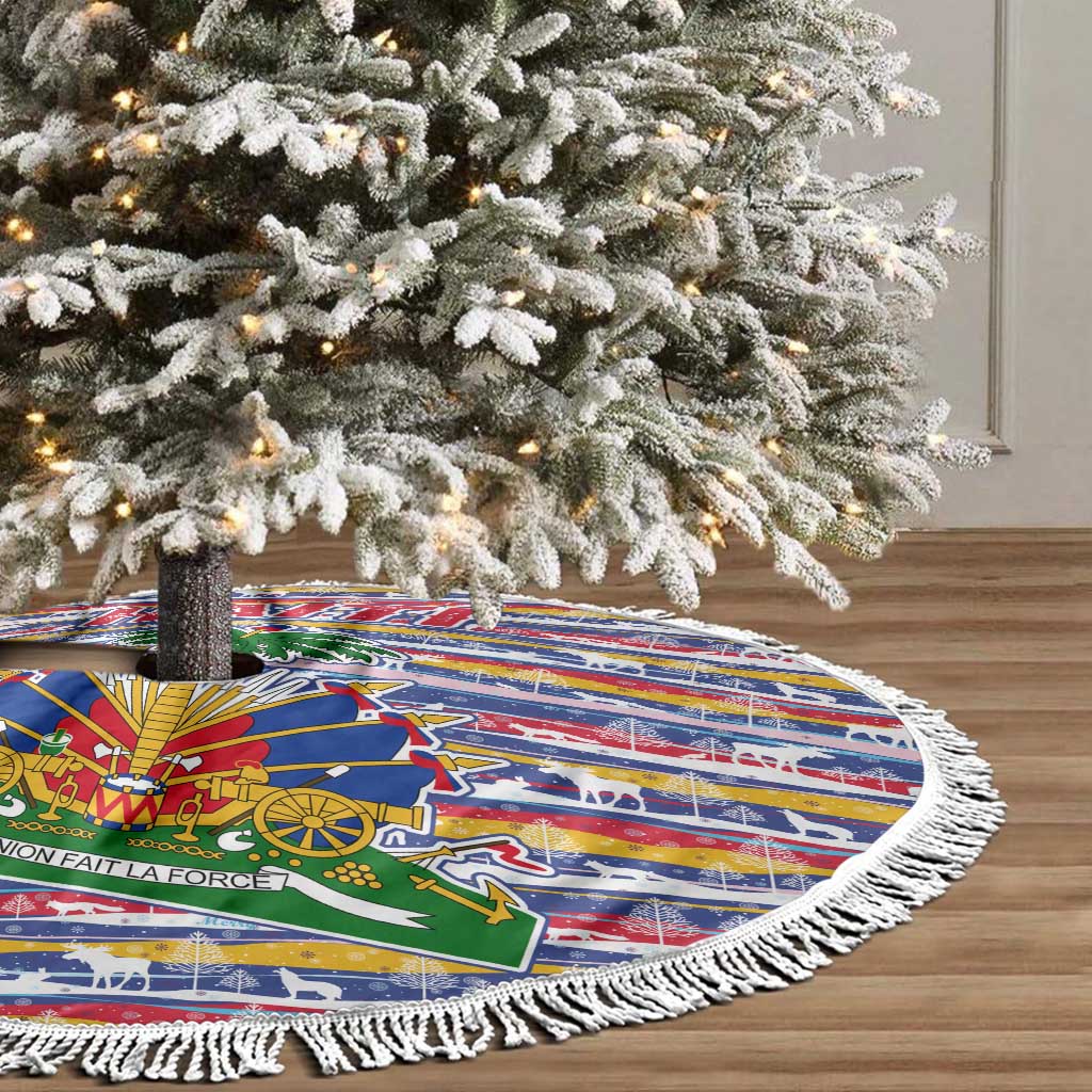Haiti Christmas Tree Skirt with Blue Red Yellow Xmas Santa Sleigh and Coat of Arms - Wonder Print Shop