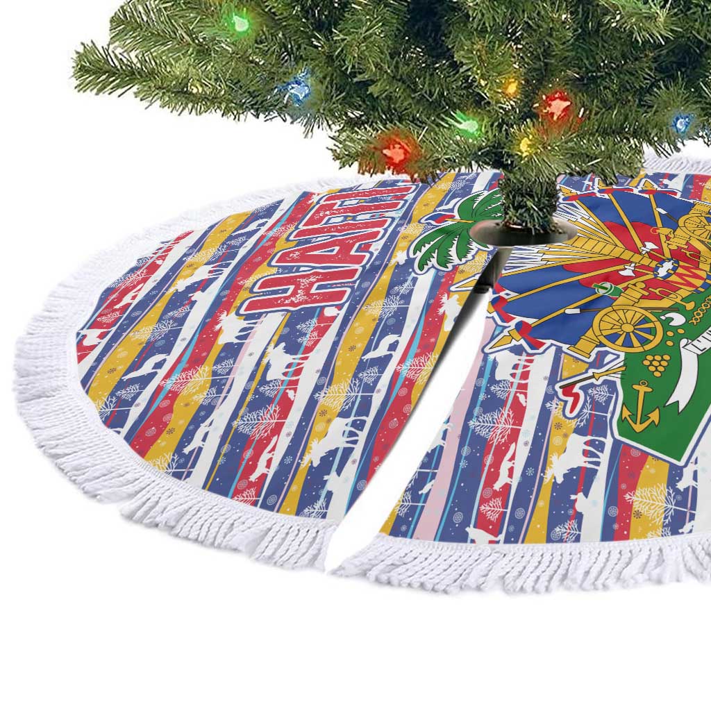 Haiti Christmas Tree Skirt with Blue Red Yellow Xmas Santa Sleigh and Coat of Arms - Wonder Print Shop