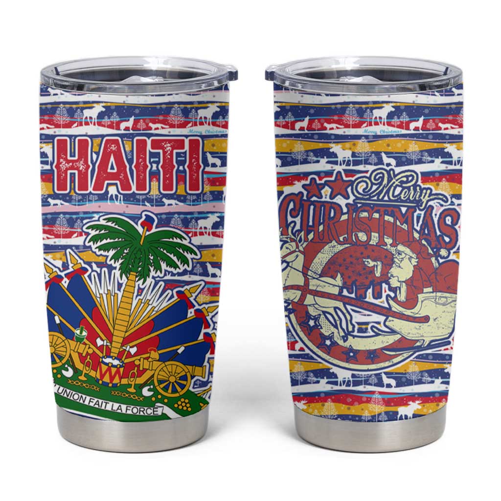 Haiti Christmas Tumbler Cup with Blue Red Yellow Xmas Santa Sleigh and Coat of Arms - Wonder Print Shop