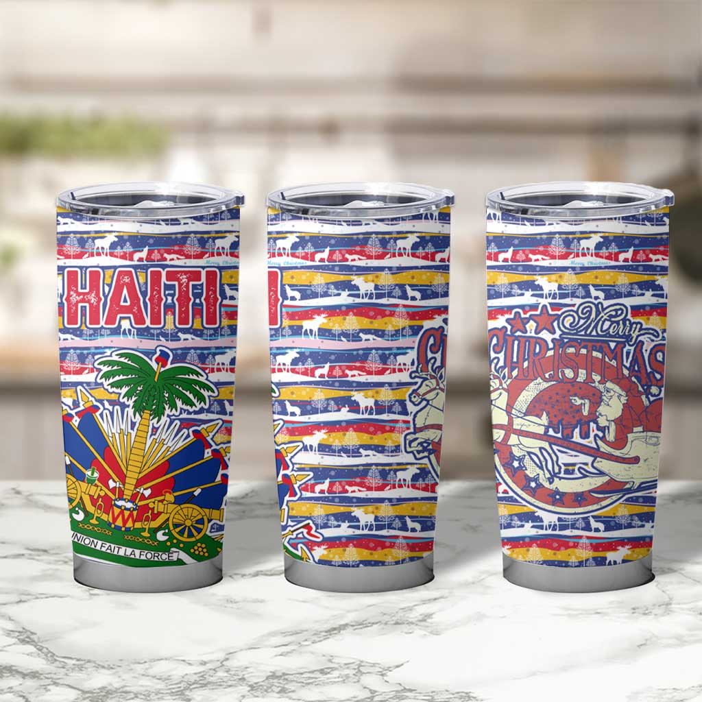 Haiti Christmas Tumbler Cup with Blue Red Yellow Xmas Santa Sleigh and Coat of Arms - Wonder Print Shop